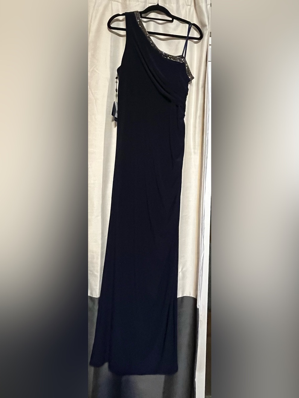 NWT Adrianna Papell Embellished One Shoulder Jersey Gown Midnight Blue Size 16 - Picture 7 of 8